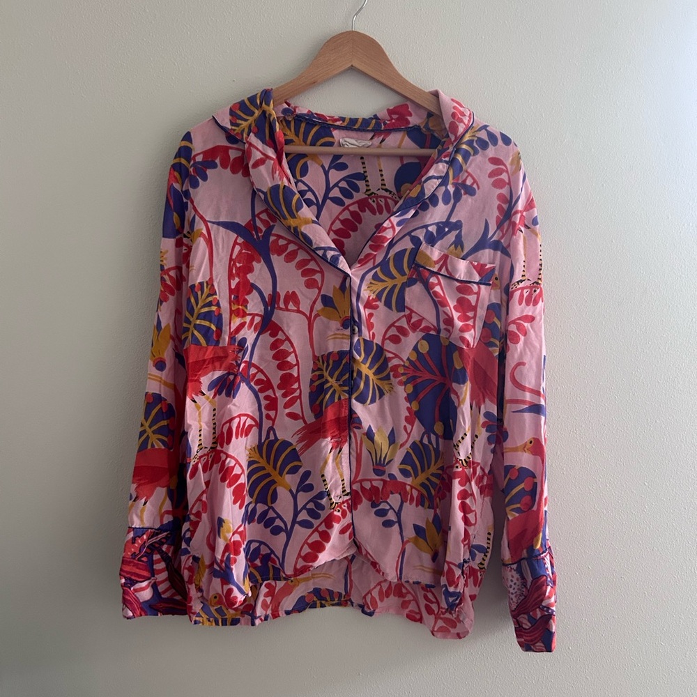 Anthropologie Pink and Red Graphic Button Down Pajama Shirt